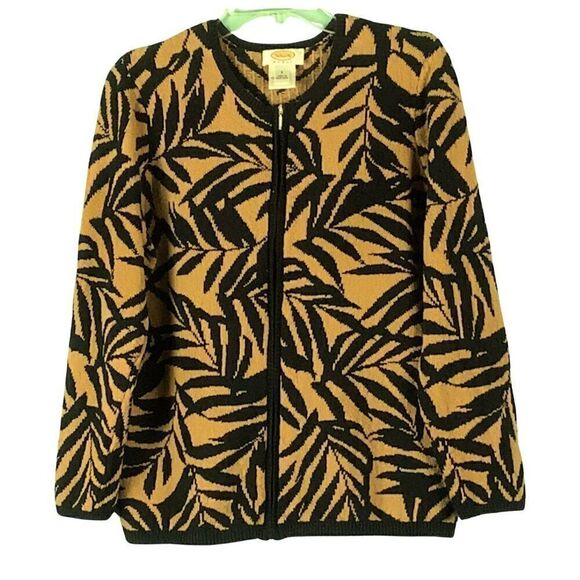 Talbots Cardigan Sweater‎ Women Black/Light Brown Leaf Fern Print Full Zip - Picture 1 of 7